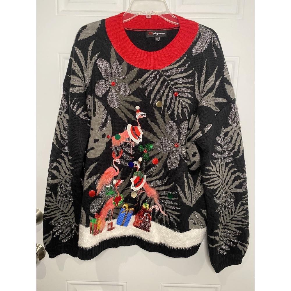 33 Degrees Women's XXL 2XL Black Ugly Christmas Sweater Pink Flamingos